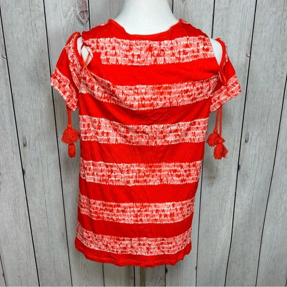 Michael Kors Women’s Large Red Dark Clementine Cold Shoulder Tassled Top Blouse - Picture 4 of 10